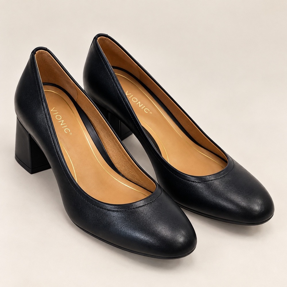 Vionic NWB  Carmel Black Nappa Leather Block Heel Orthotic Pumps Size 8.5 Wide